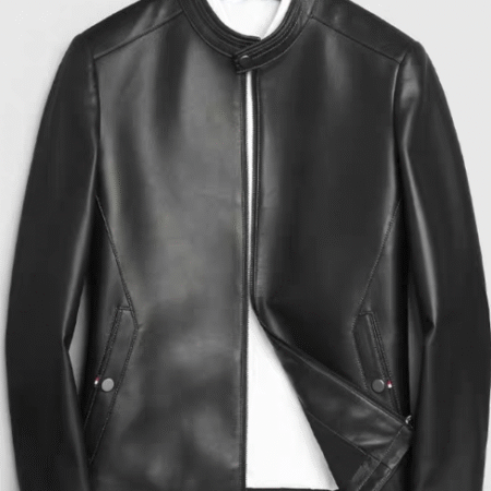 Men’s Genuine Lambskin Leather Jacket – Black, Stand Collar with Snap, Front Zip & Multiple Inner Pockets (C26)