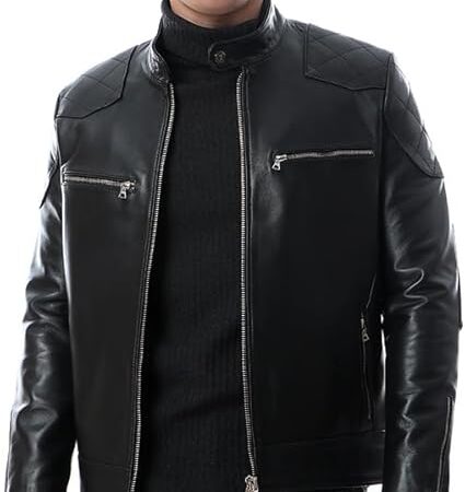(beckham) Men's Stand Collar Leather Jacket Motorcycle Lightweight genuine Leather Outwear